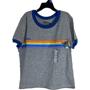 Disney Stitch Rainbow Stripe Ringer T Shirt Womens Size Large Gray Blue